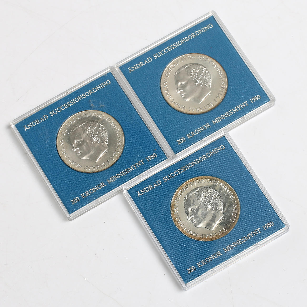 SILVERMYNT, 3 st, 200 kr "Gustav XVI". 1980.