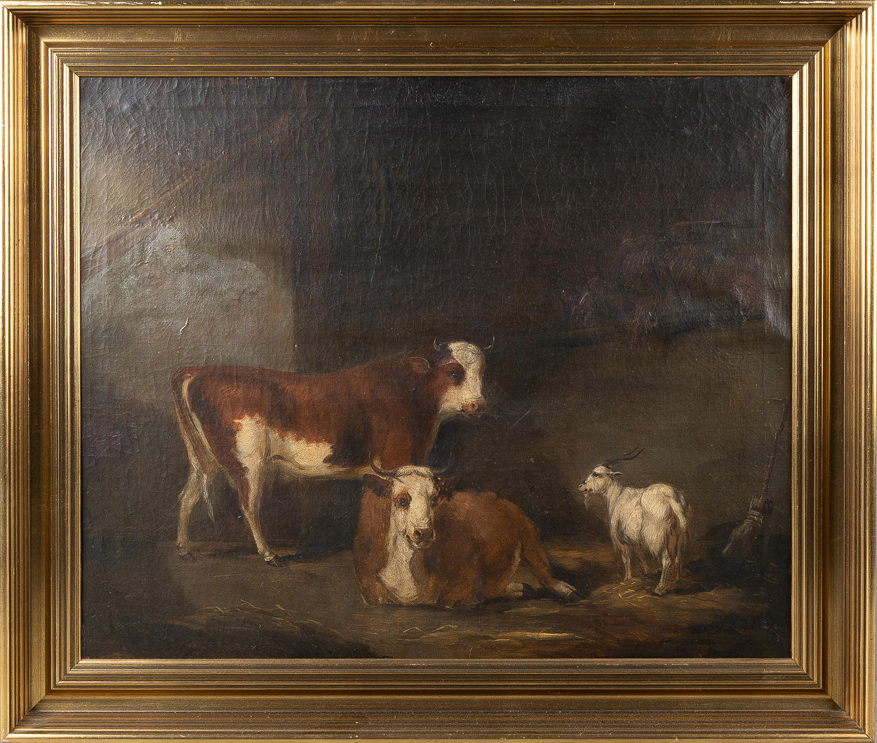 OKÄND KONSTNÄR. Stables with cows and goats, oil on canvas, 19th century.