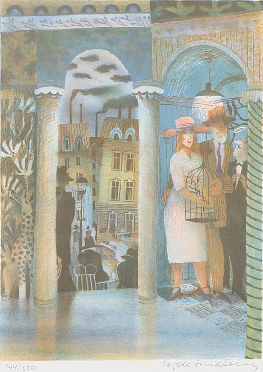 KJELL SUNDBERG. Kväll i staden. Färglitografi, signerad och numrerad 144/350.