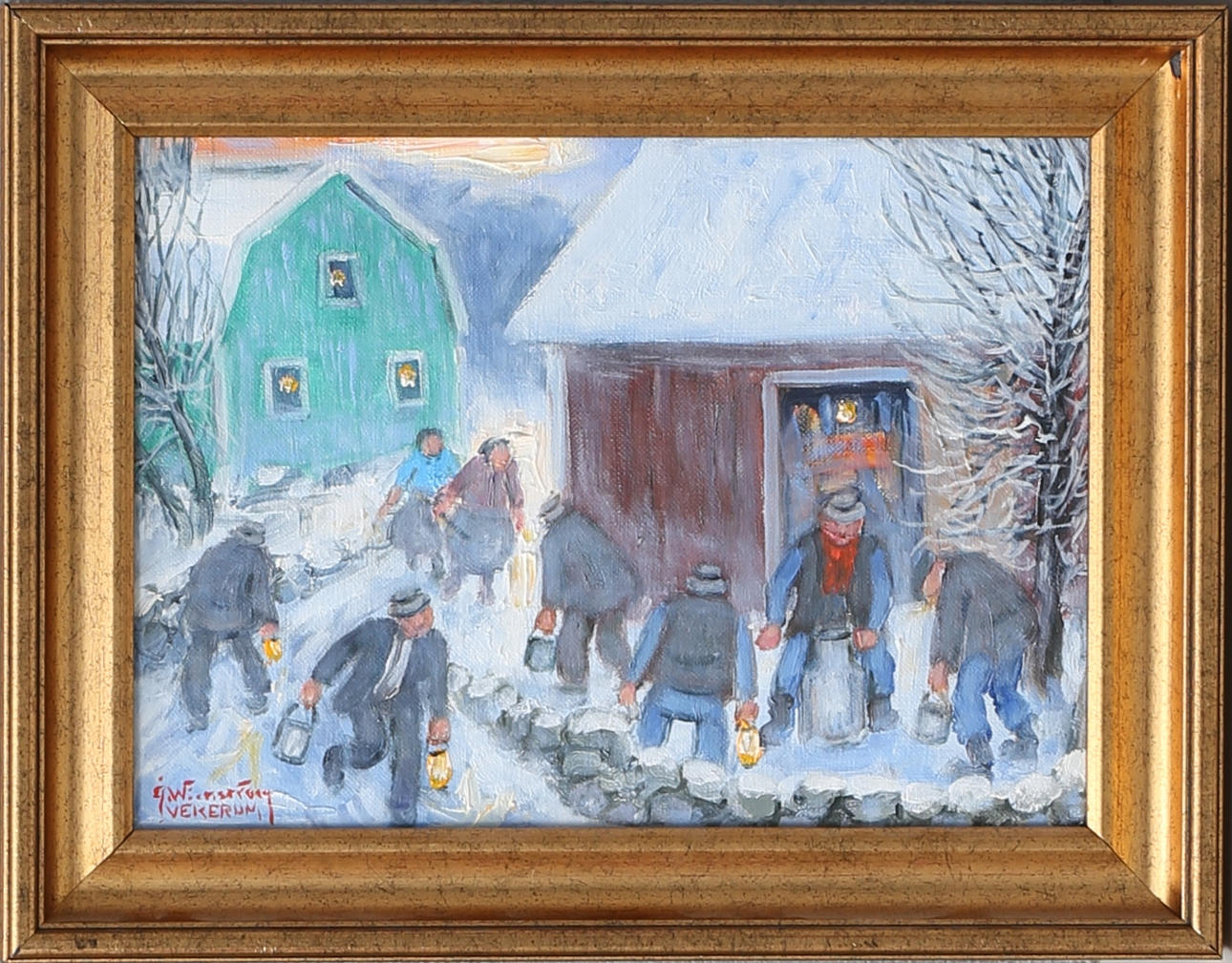 ÅKE WICKSTRÖM. "Julkannan delas, händelse 1942". Olja på duk, signerad.