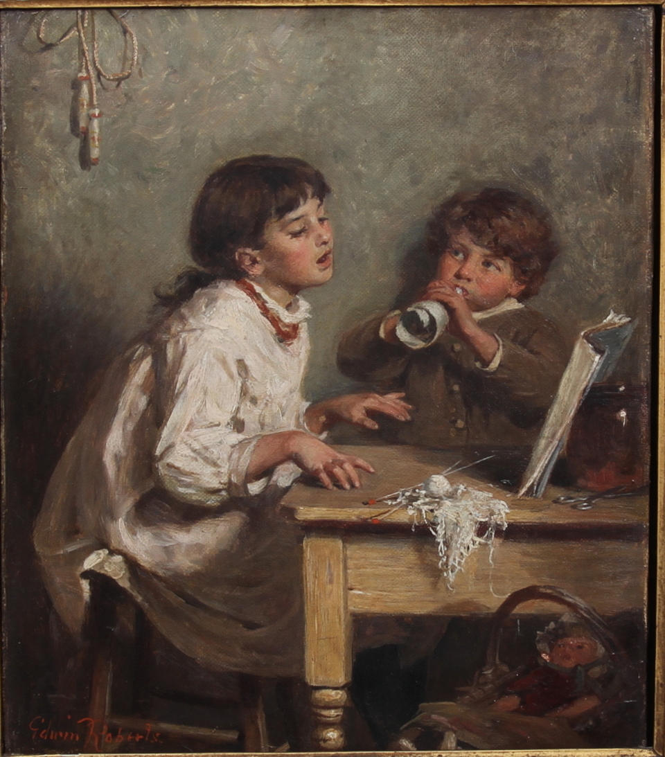 EDWIN THOMAS ROBERTS. "The duet", England, olja på duk, signerad Edwin Roberts, 1800 tal.