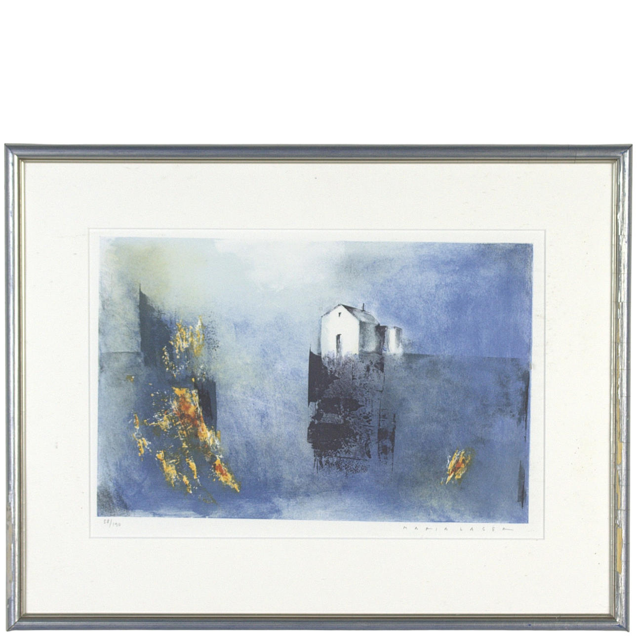 MARIA LAGER. Lithograph, 58/190, composition with house, signed.