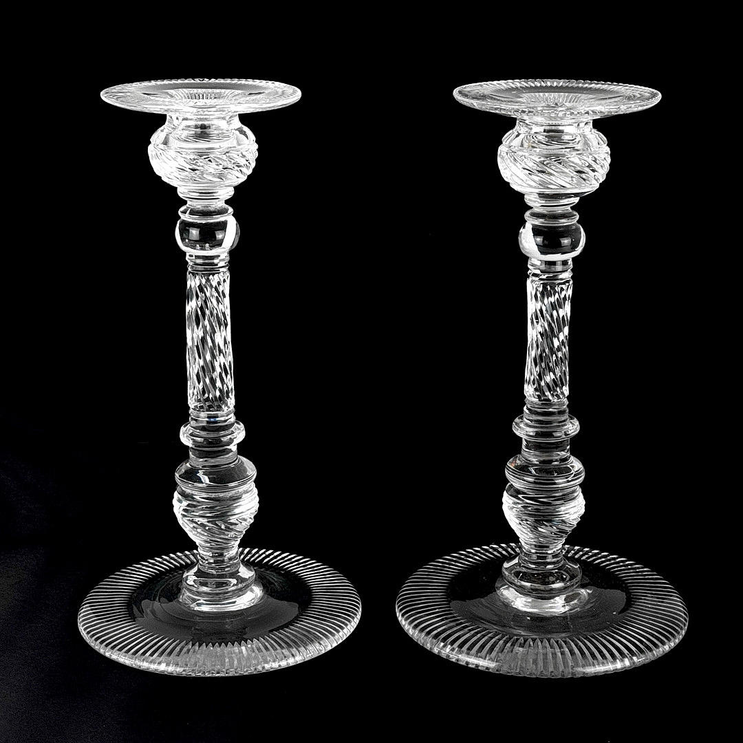 PAIR OF LARGE CUT CRYSTAL CANDLESTICKS.