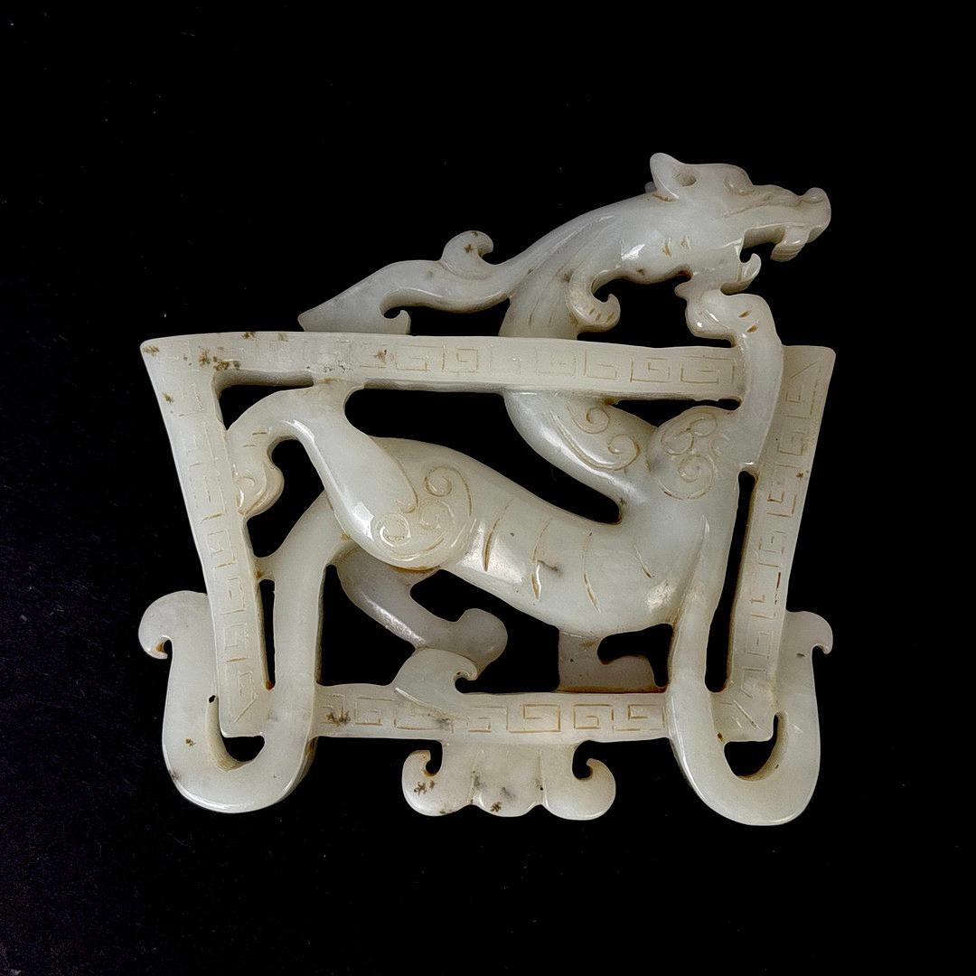 CHINESE SPECKLED MUTTON FAT JADE DRAGON CARVING.