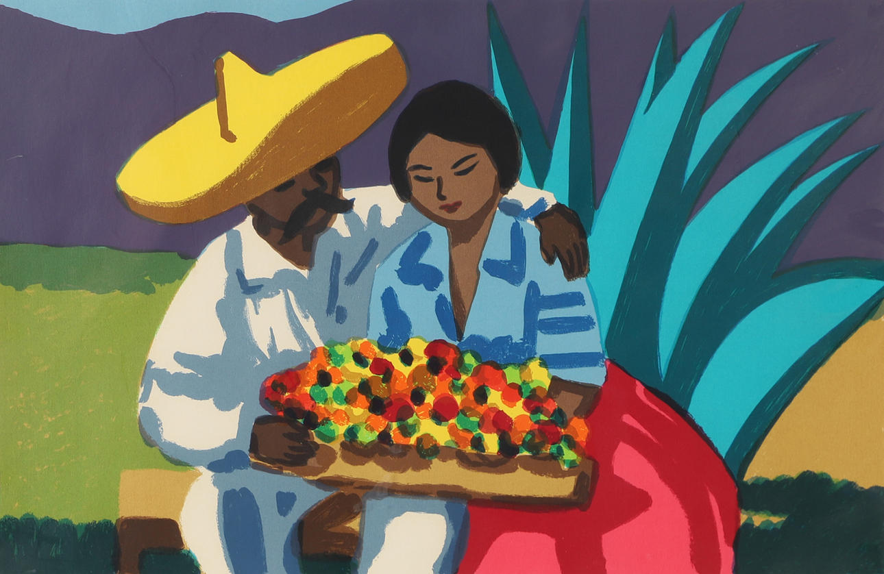 LARS NORRMAN. Couple with fruit platter, colour lithograph, signed.