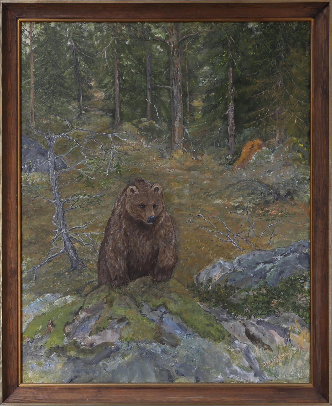 OIDENTIFIERAD KONSTNÄR. Björnen i skogen, olja på duk, signerad Doris Enström.