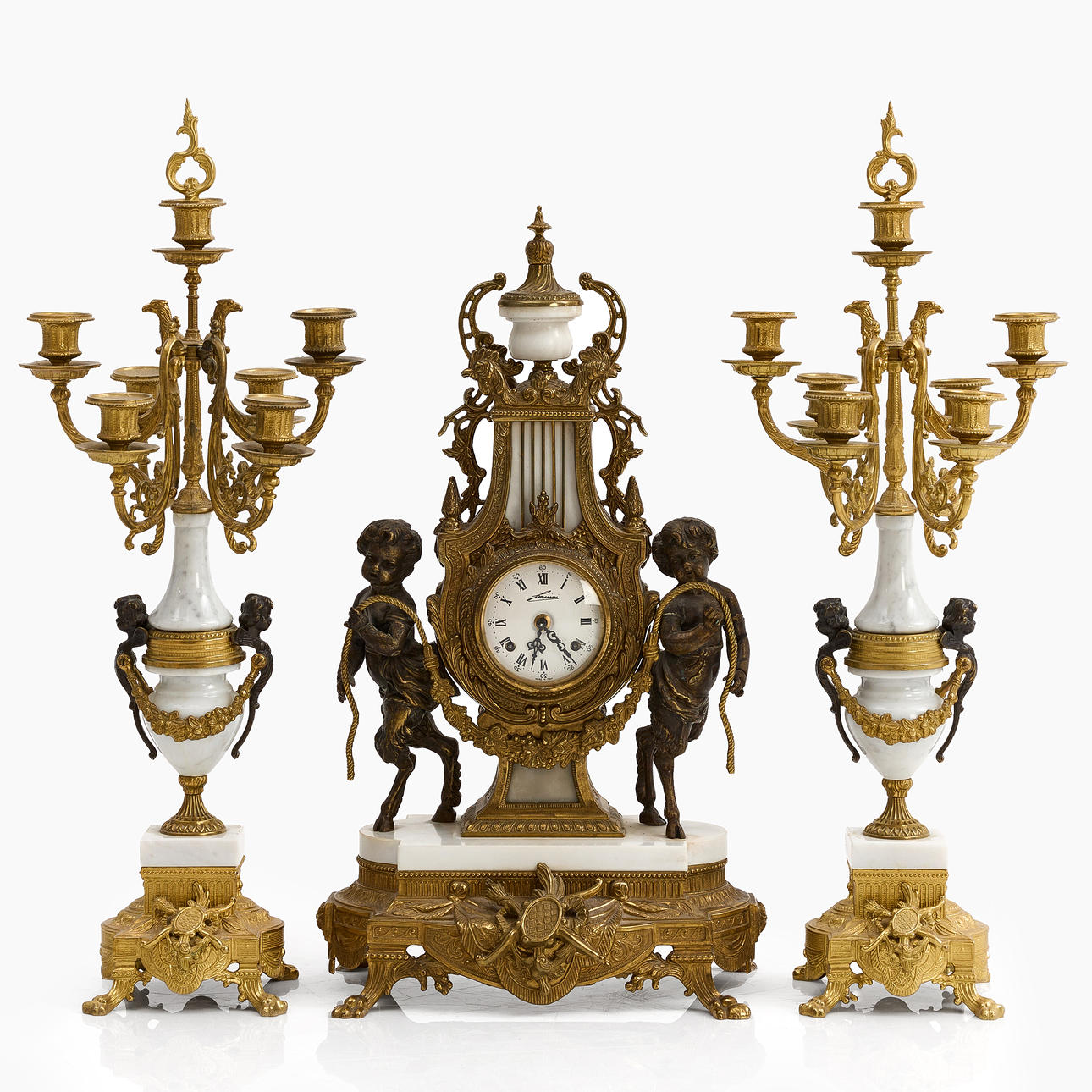 A PAIR OF CANDELABRA CANDELABRA PENDILS for 7 candles each, second half of the 20th century, Louis XVI style. Franz Hermle & Sohn.