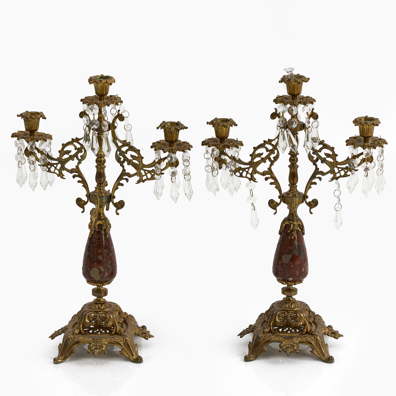 CANDELABRAS, 1 pair for three candles each, brass and stone.