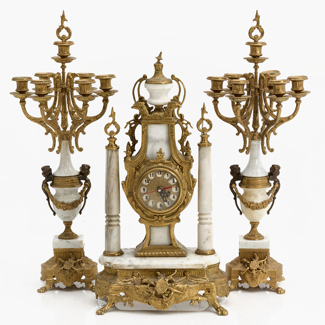 TABLE PENDYL, CANDELABRA, 1 pair for 7 candles each., brass and marble.