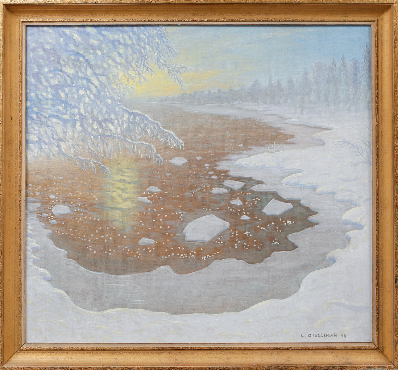 OIDENTIFIERAD KONSTNÄR. Winter landscape, oil on panel, signed Gisselman. Dated -46.