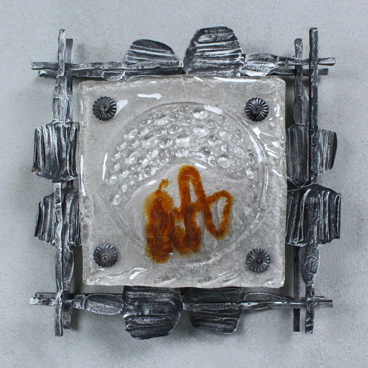 Brutalist wall light/ceiling light, iron, glass, 1970s.