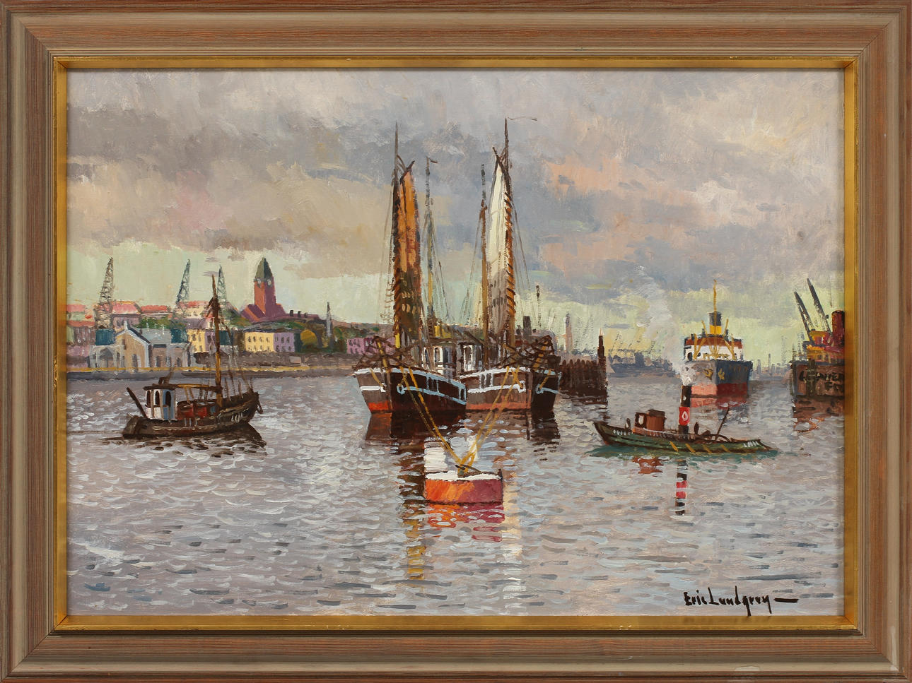 ERIC LUNDGREN. Göteborgs hamn, olja på duk, signerad.