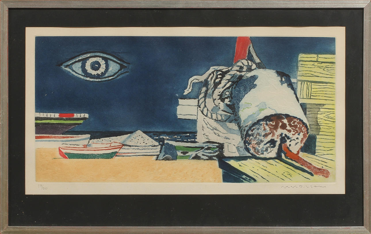 AXEL OLSON. Strandkomposition. Färgetsning, signerad och numrerad 119/260.