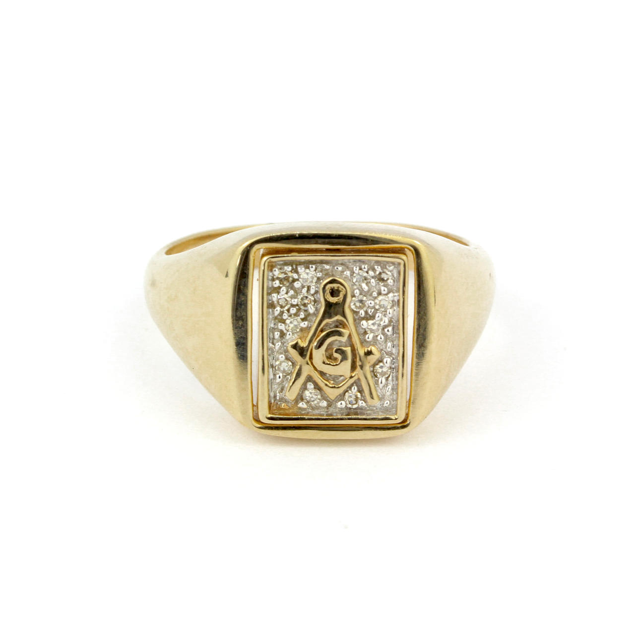 MASONIC 9CT YELLOW GOLD DIAMOND SET RING.