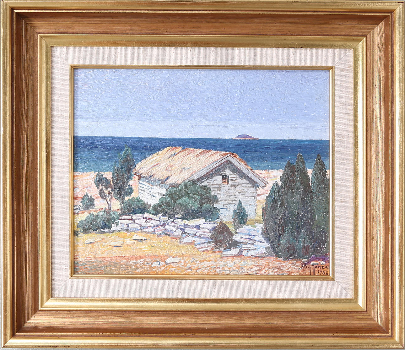 STIG JONZON. "Sjöbod", Gillberga Öland, olja på pannå, signerad och daterad 1982.