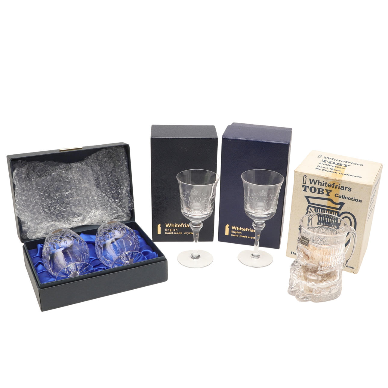 WHITEFRIARS BOXED GLASS INCLUDING TOBY JUG & GLASSES.