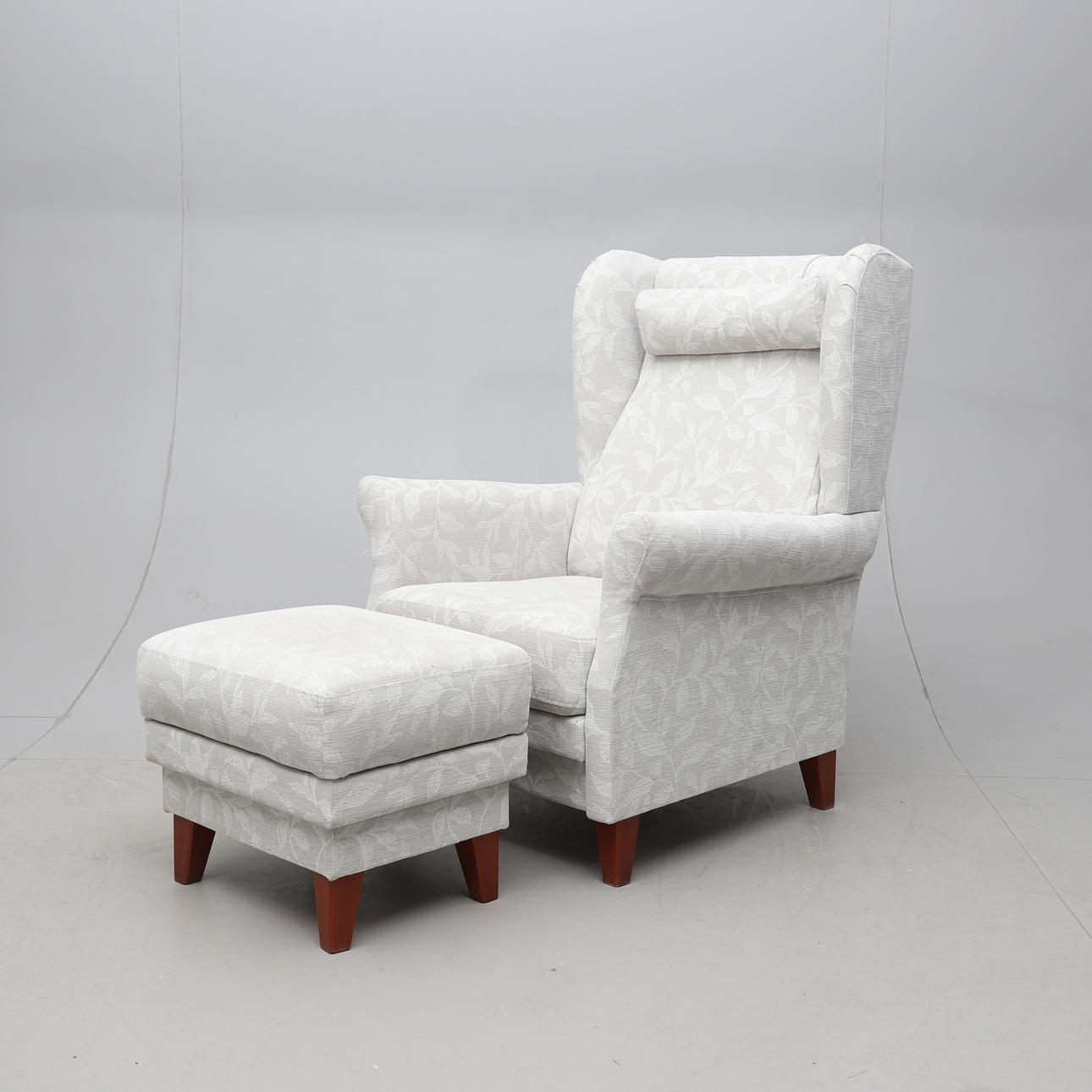 EAR-PATCH ARMCHAIR with FOOTSTOOL, patterned fabric, contemporary.