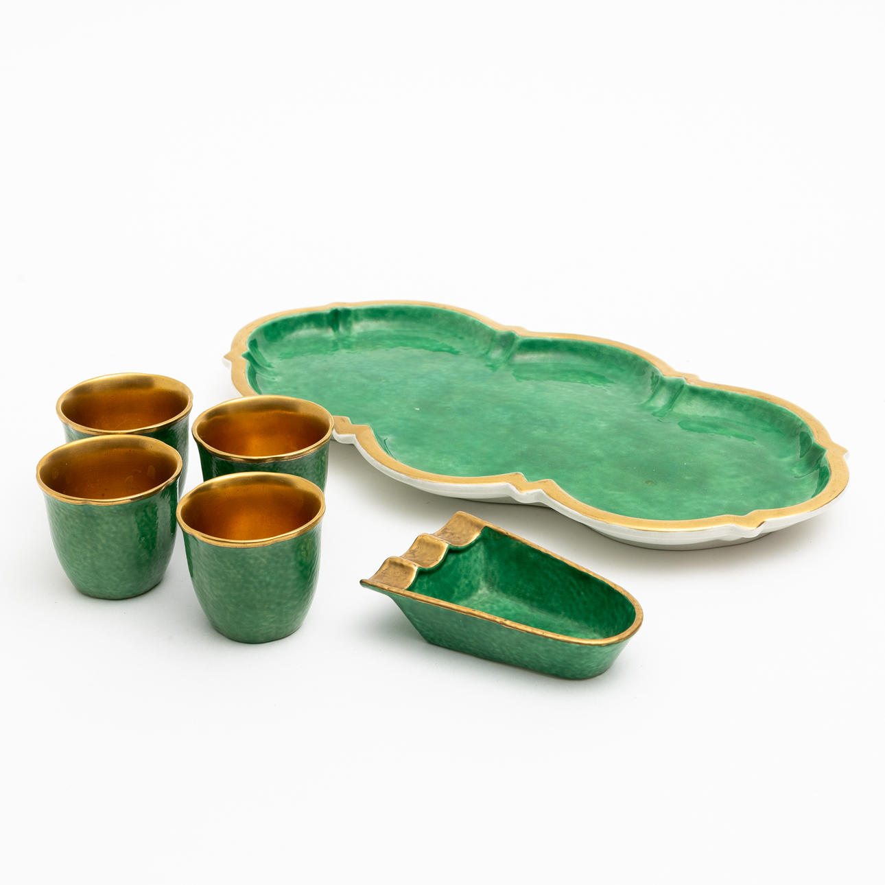 WILHELM KÅGE. 6 pieces, Swedish Grace, green-glazed flintware, partly signed, dated 1927.