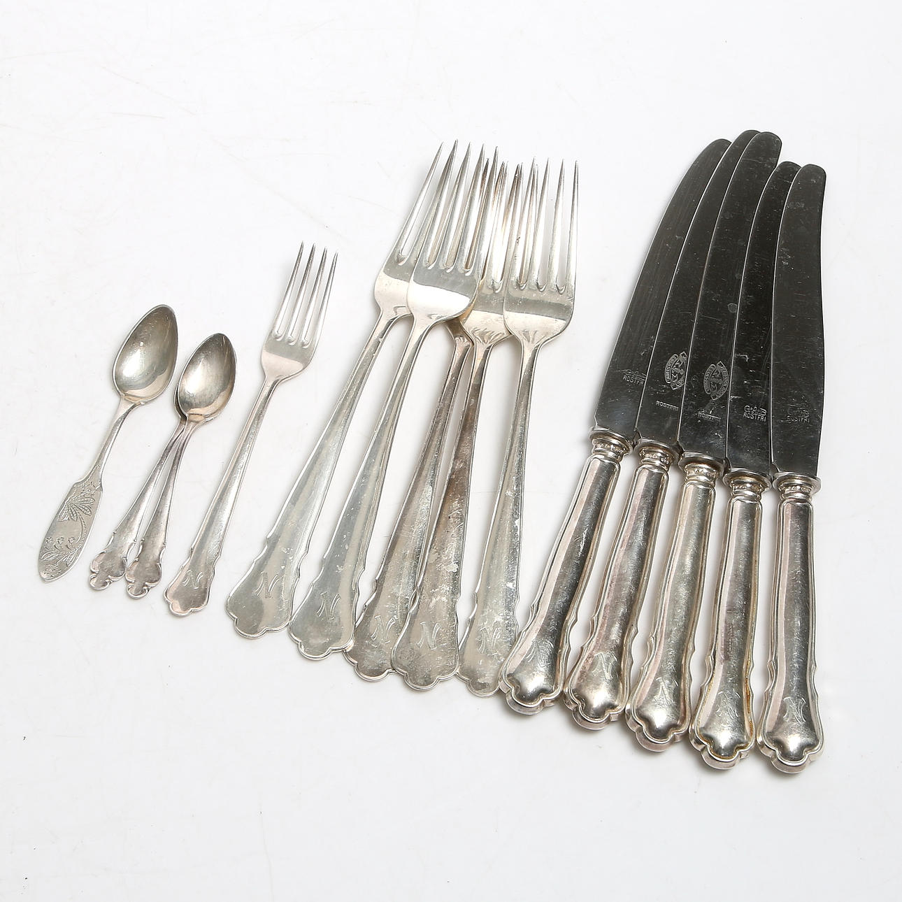 BESTICK, 14 delar, silver, GAB, Chippendale, 1900-talets mitt. Totalvikt inkl. rostfritt knivblad, ca 589 gram.