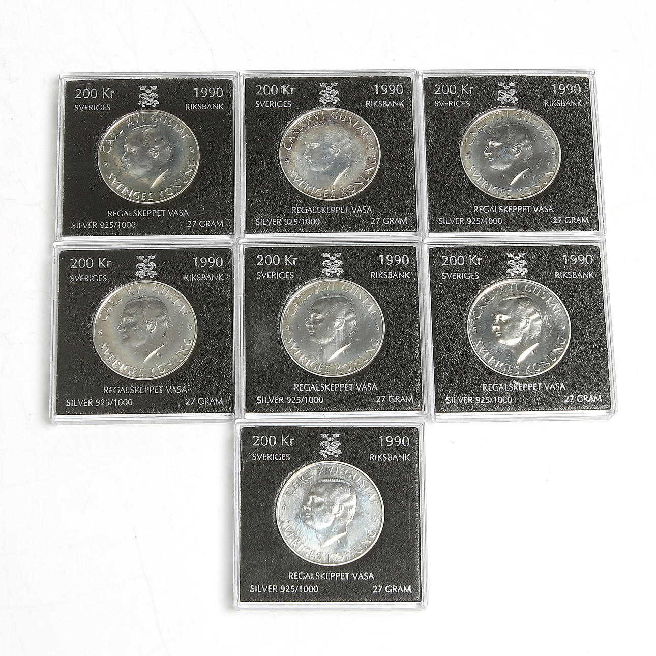 MINNESMYNT, 7 st, 925 silver, 200 kr, "Regalskeppet Vasa", 1990.