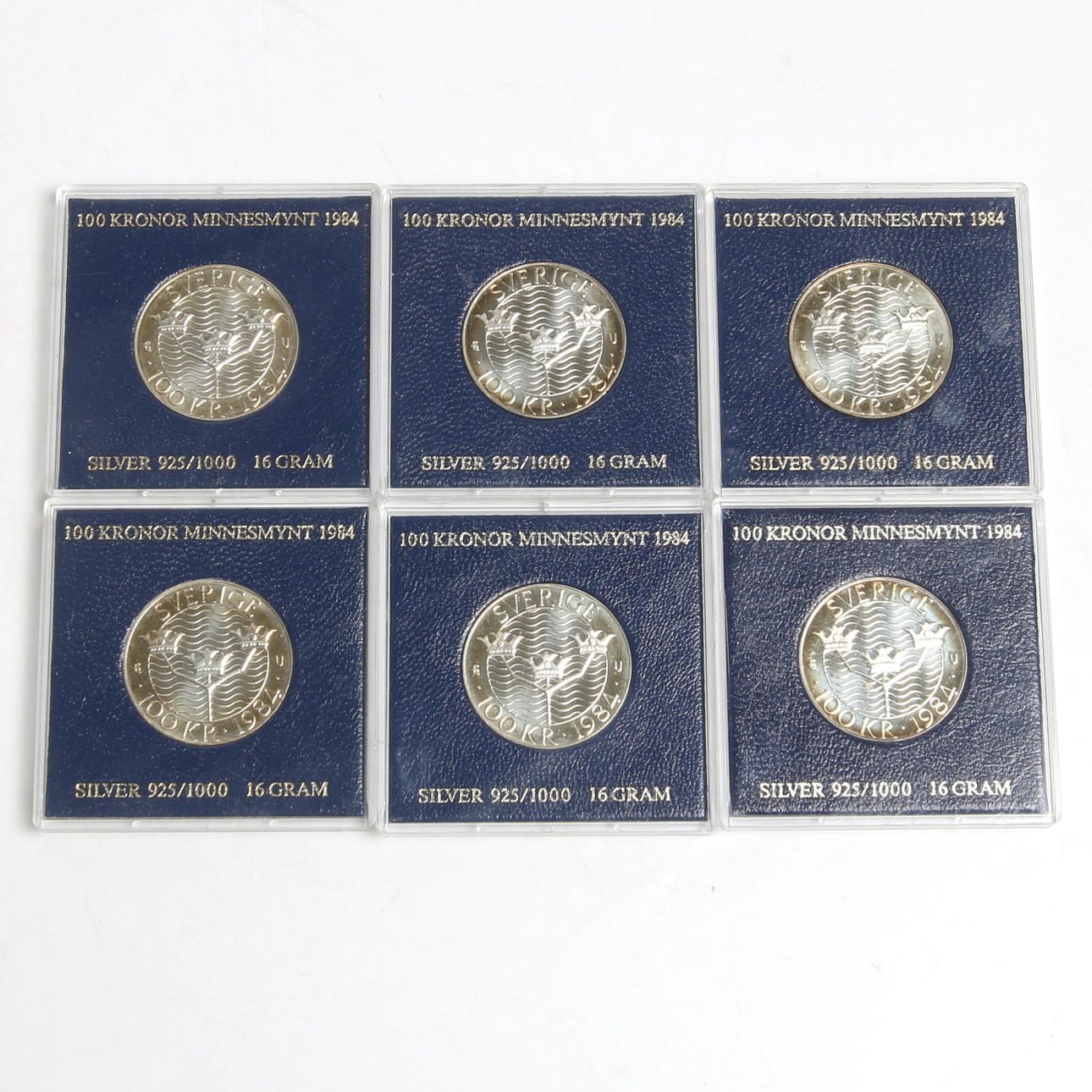 MINNESMYNT, 6 st, sterling silver, 100 kr. "Säkerhet, Nedrustning", 1984.