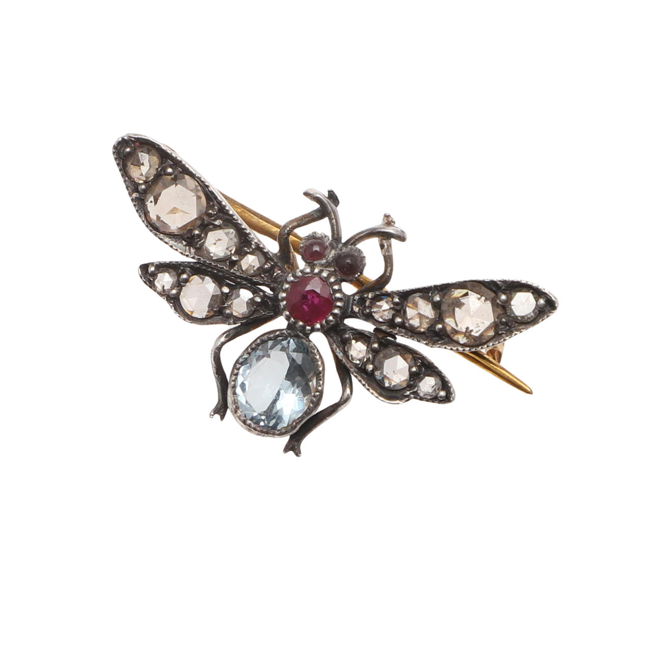 A DIAMOND, AQUAMARINE AND RUBY BEE BROOCH.