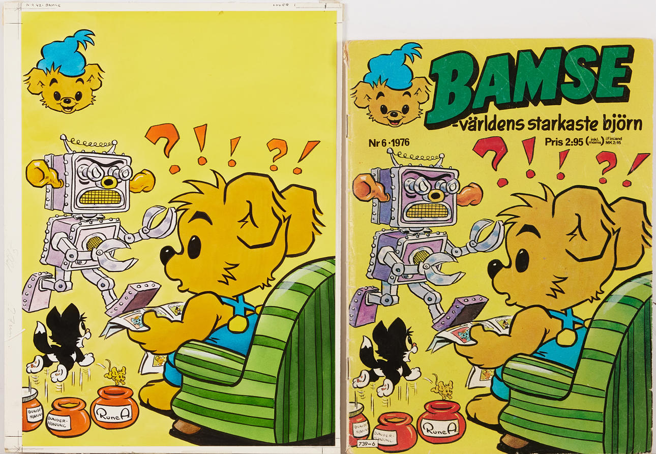 RUNE ANDRÉASSON. Bamse, original for cover, number 6 from 1976, signed Rune A, ink and watercolour on paper pasted on cardboard.