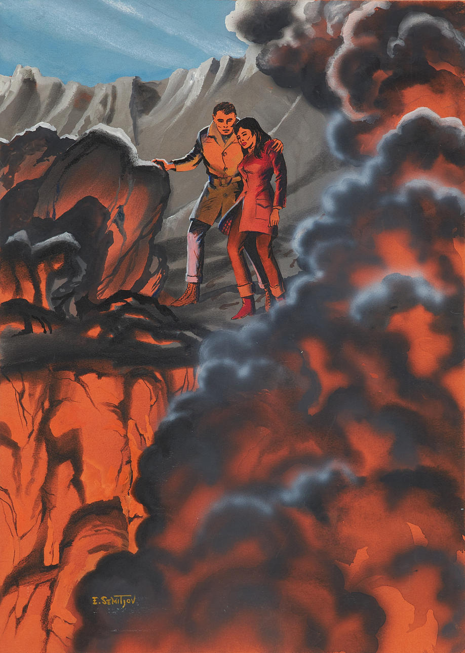 EUGEN SEMITJOV (1923-1987). Volcano, mixed media on panel, signed.