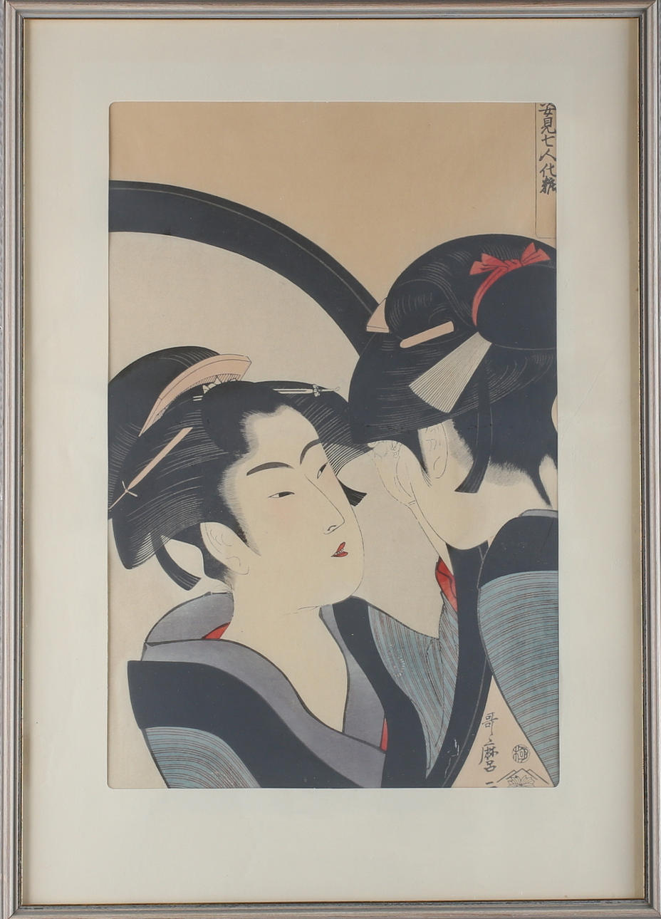 KITAGAWA UTAMARO. EFTER. Orientaliska kvinnor, grafiskt blad, Japan, signerad.