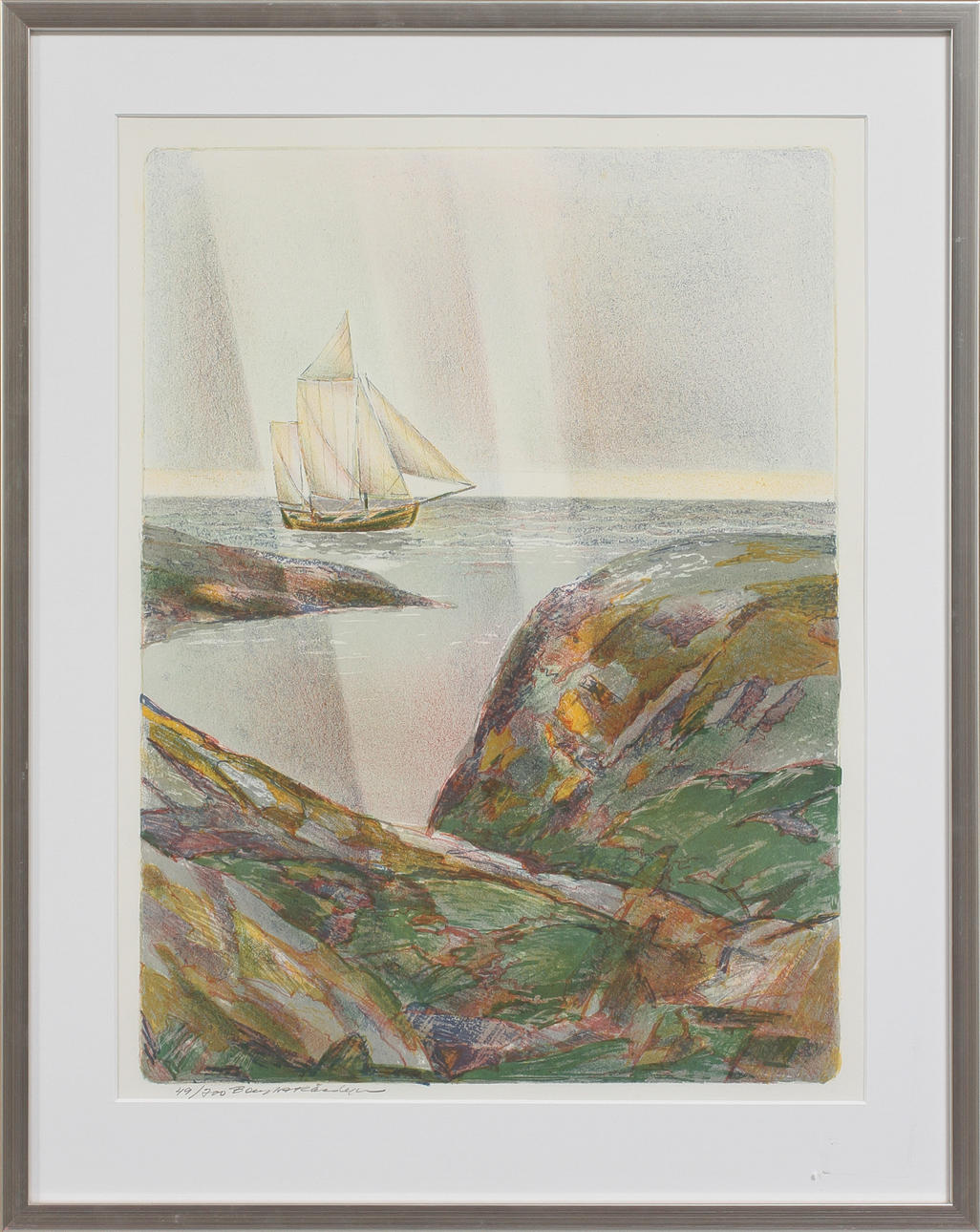 BENGT ANDERSSON RÅSSBYN. Kustbild med segelbåt, färglitografi, signerad och numrerad 49/300.