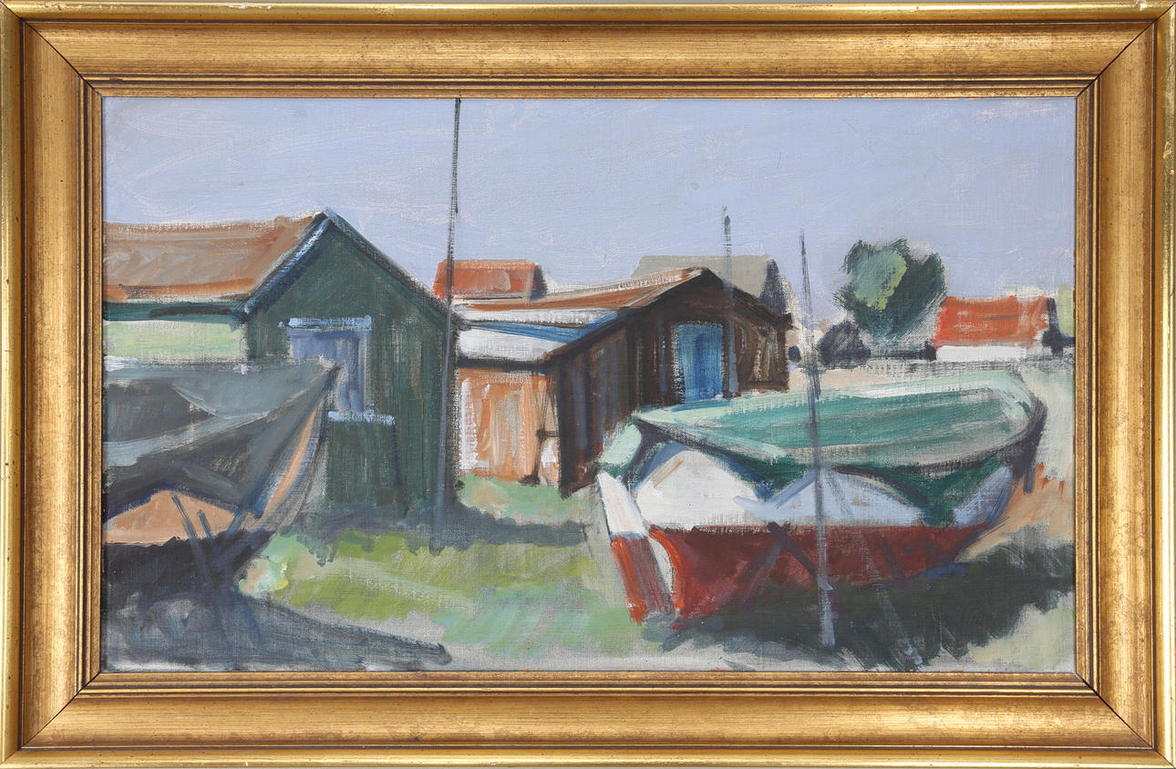 LENNART MÖLLER. Fiskeläge, olja på duk, signerad.