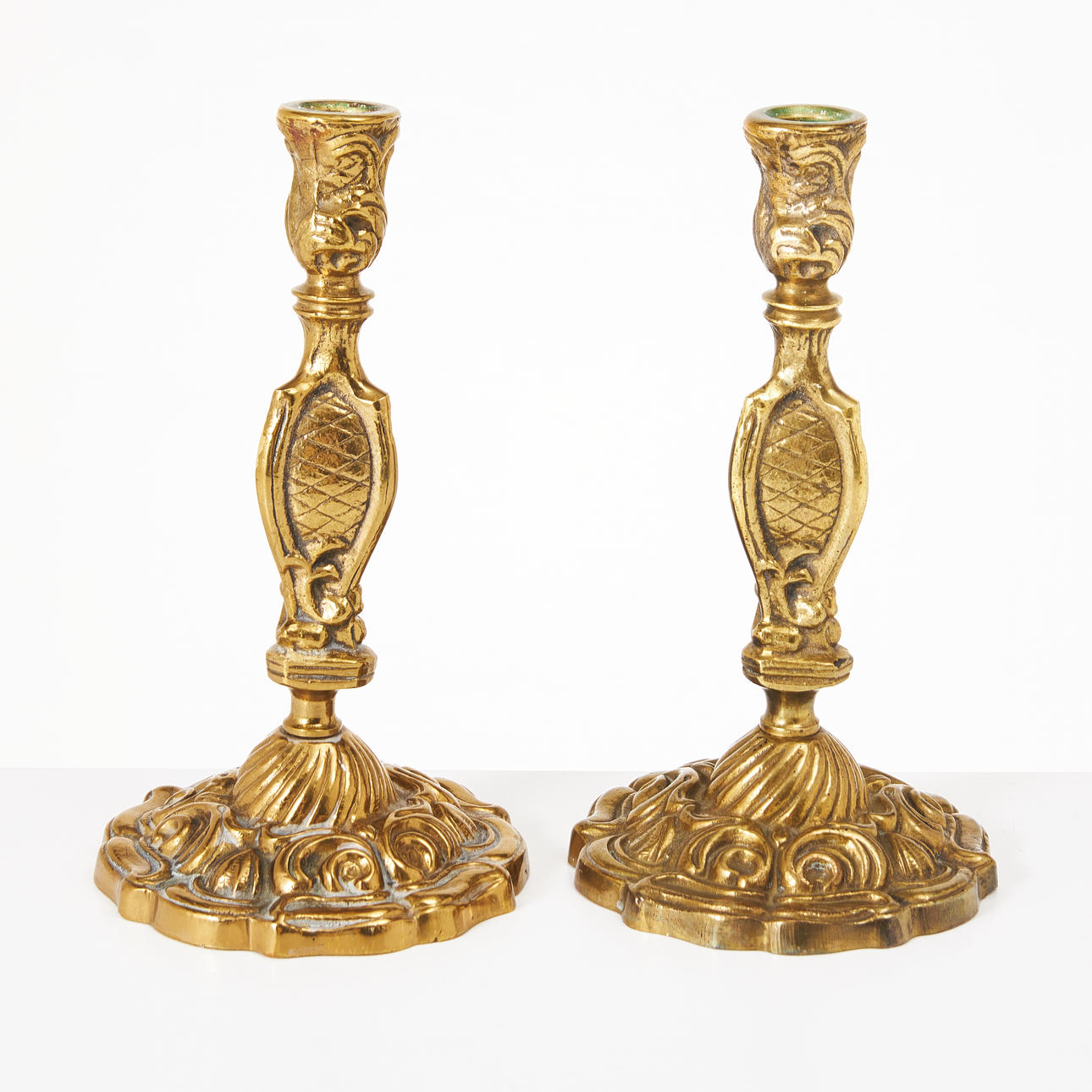 CANDLESTICKS, 1 pair, brass, rococo style.