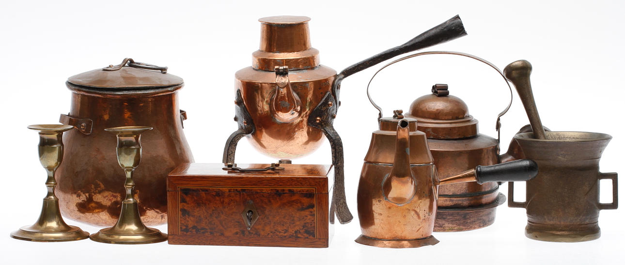 DIVERSE, 8 delar, koppar, mässing och trä, 1800-1900-tal.