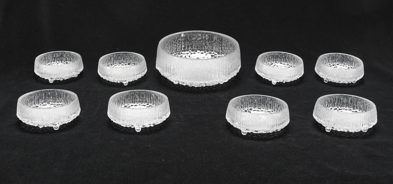 SKÅL samt DESSERTSKÅLAR, 9 delar, glas, "Ultima Thule", Tapio Wirkkala, Iittala, Finland.