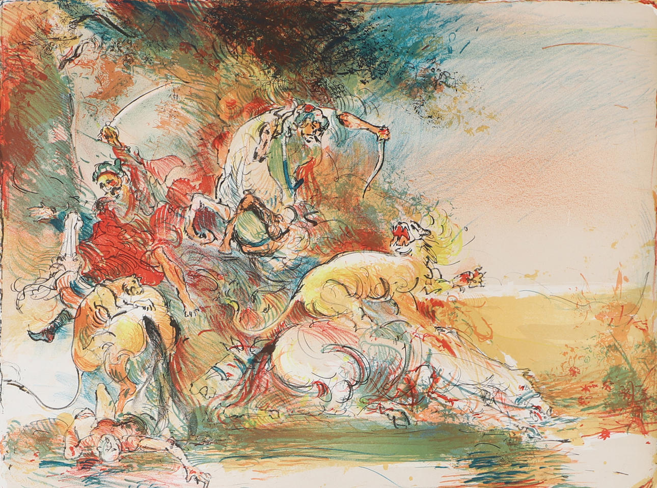 BO ÅKE ADAMSSON. Kampfszene, Farblithografie, signiert.