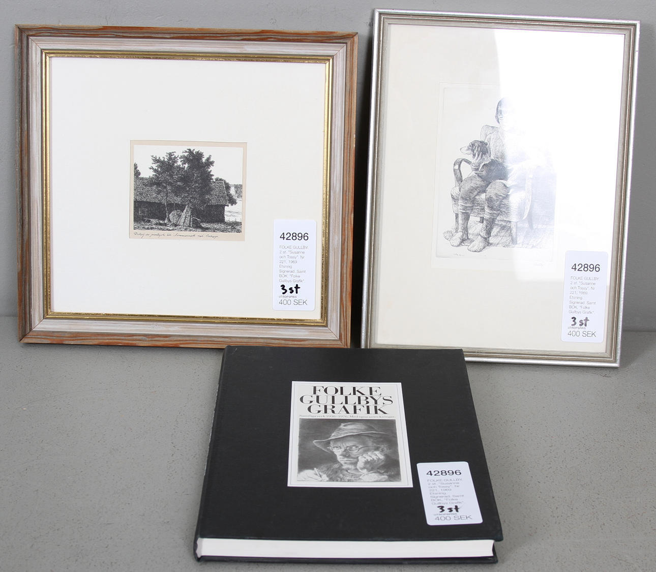 FOLKE GULLBY. 2 st. "Susanne och Tossy". Nr 221, 1969. Etsning. Signerad. Samt BOK, "Folke Gullbys Grafik".