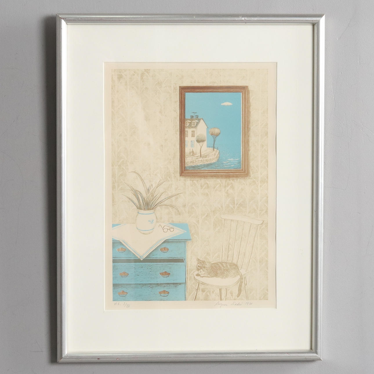 RAGNAR LINDÉN. LITHOGRAPH IN COLOURS, interior, signed and dated 1971.