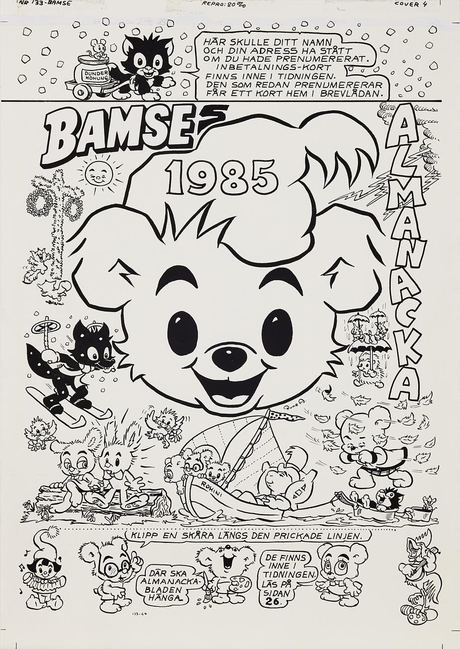 RUNE ANDRÉASSON. Bamse, original for back cover, number 12 from 1984, signed Rune A, ink on paper.