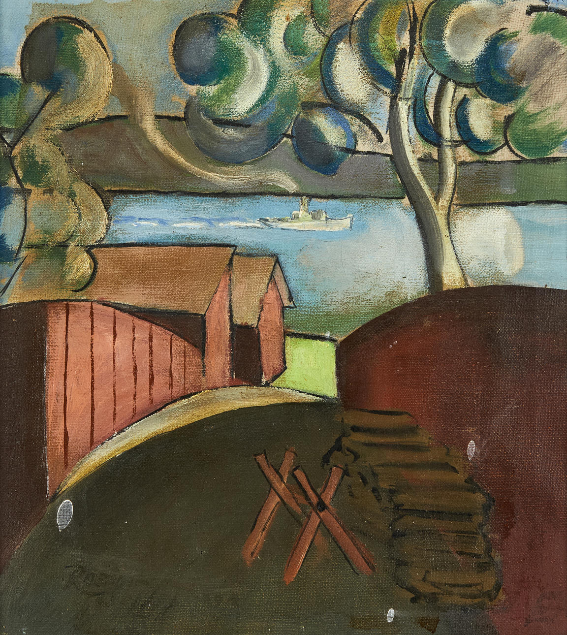 OIDENTIFIERAD KONSTNÄR. View of the water, with steamship, signed and dated Rosin Sigtuna 1923, oil on canvas.