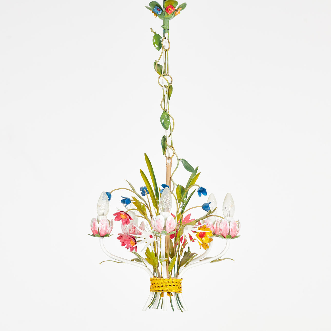 DECKENLAMPE, bemaltes Blech, Dekor aus Blumen und Blättern.