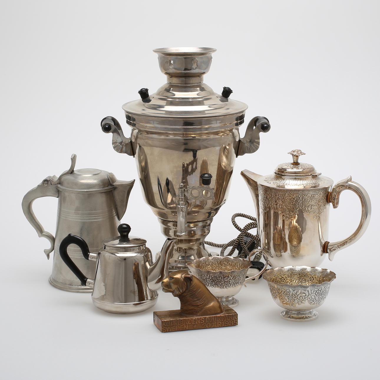 SAMOVAR, STOP, KAFFESERVIS m.m, tenn, nysilver, mässing.