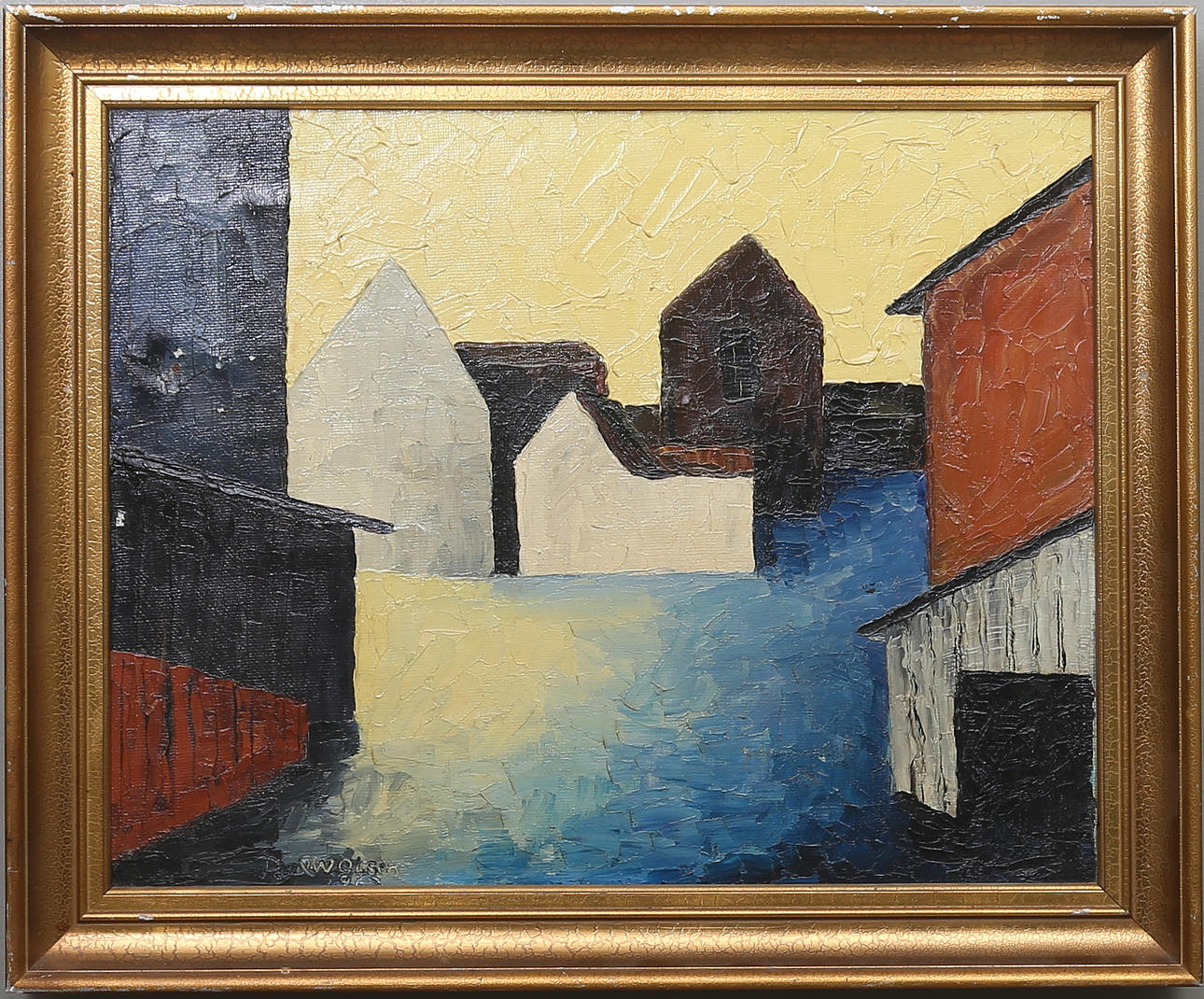 PAUL W OLSEN. Kubistiska hus. Olja på duk. Signerad.