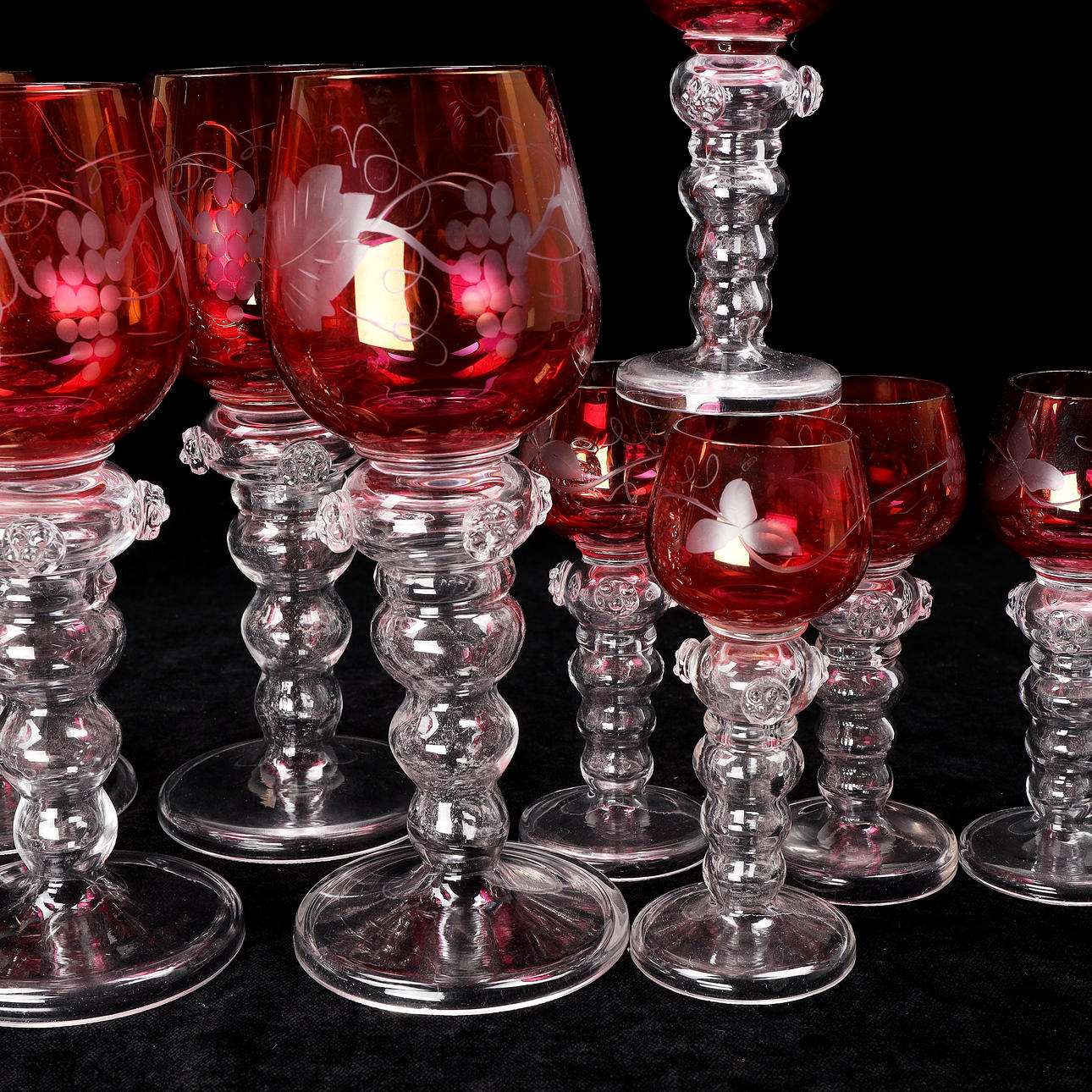 A set of 12 wine and schnapps glasses, first half of the 20th century.