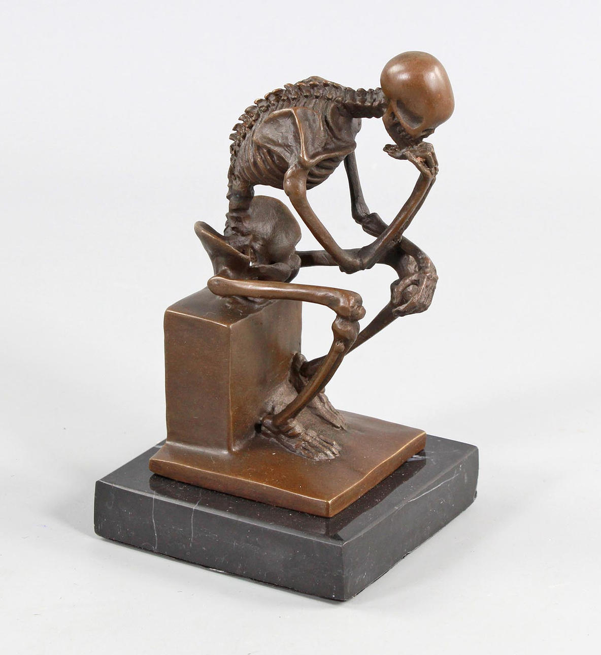 BRONZE SCULPTURE, THE THINKER, SKELETON.