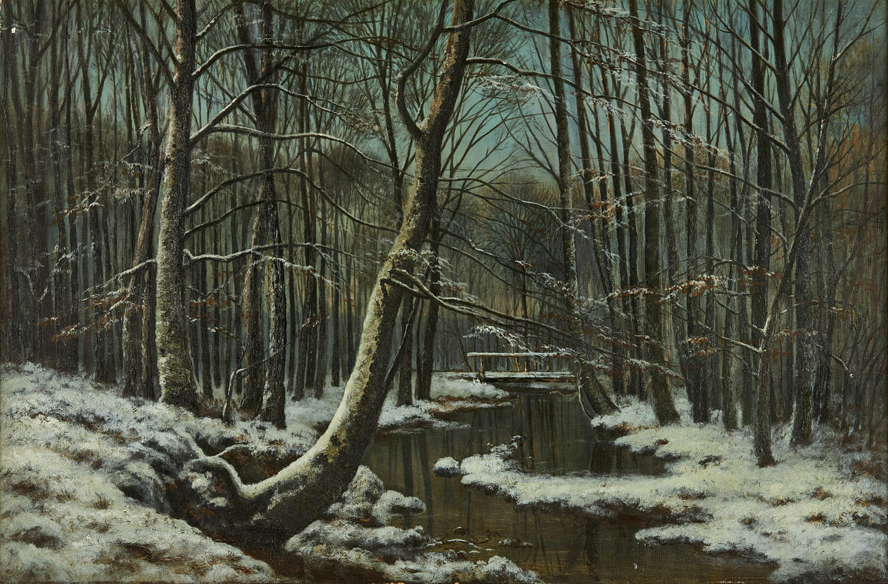 OKÄND KONSTNÄR. Winter landscape with stream, monogram signed 'RR', oil on canvas.