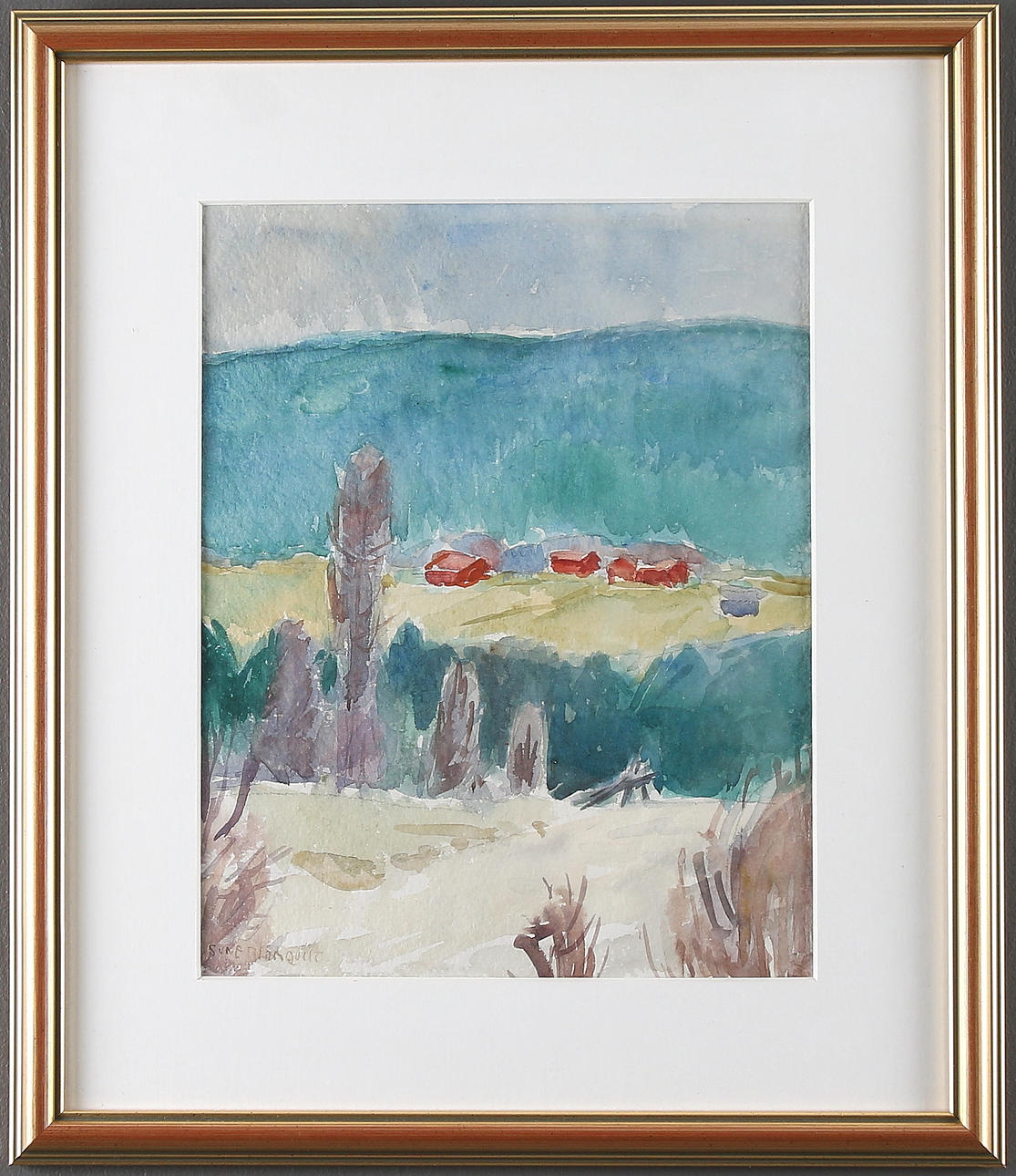 SUNE BLOMQVIST. By i fjärran, akvarell, signerad.