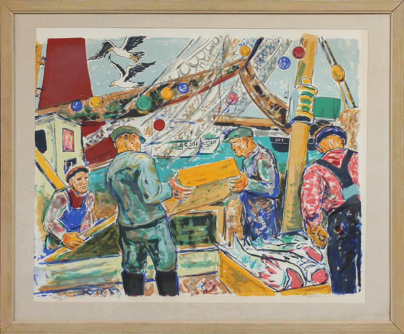 ALBIN AMELIN. Fiskare i hamnen, färglitografi, signerad och numrerad 290/310.