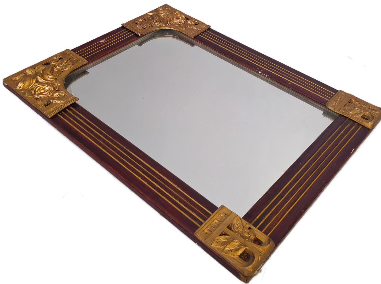 RECTANGULAR MIRROR WITH MODERNIST FRAME. IN WOOD AND GOLD METAL.