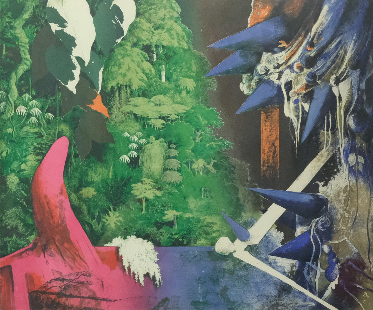 CO HULTÉN. LITHOGRAPHY. “THE SACRIFICIAL FOREST”. SURREAL COMPOSITION.