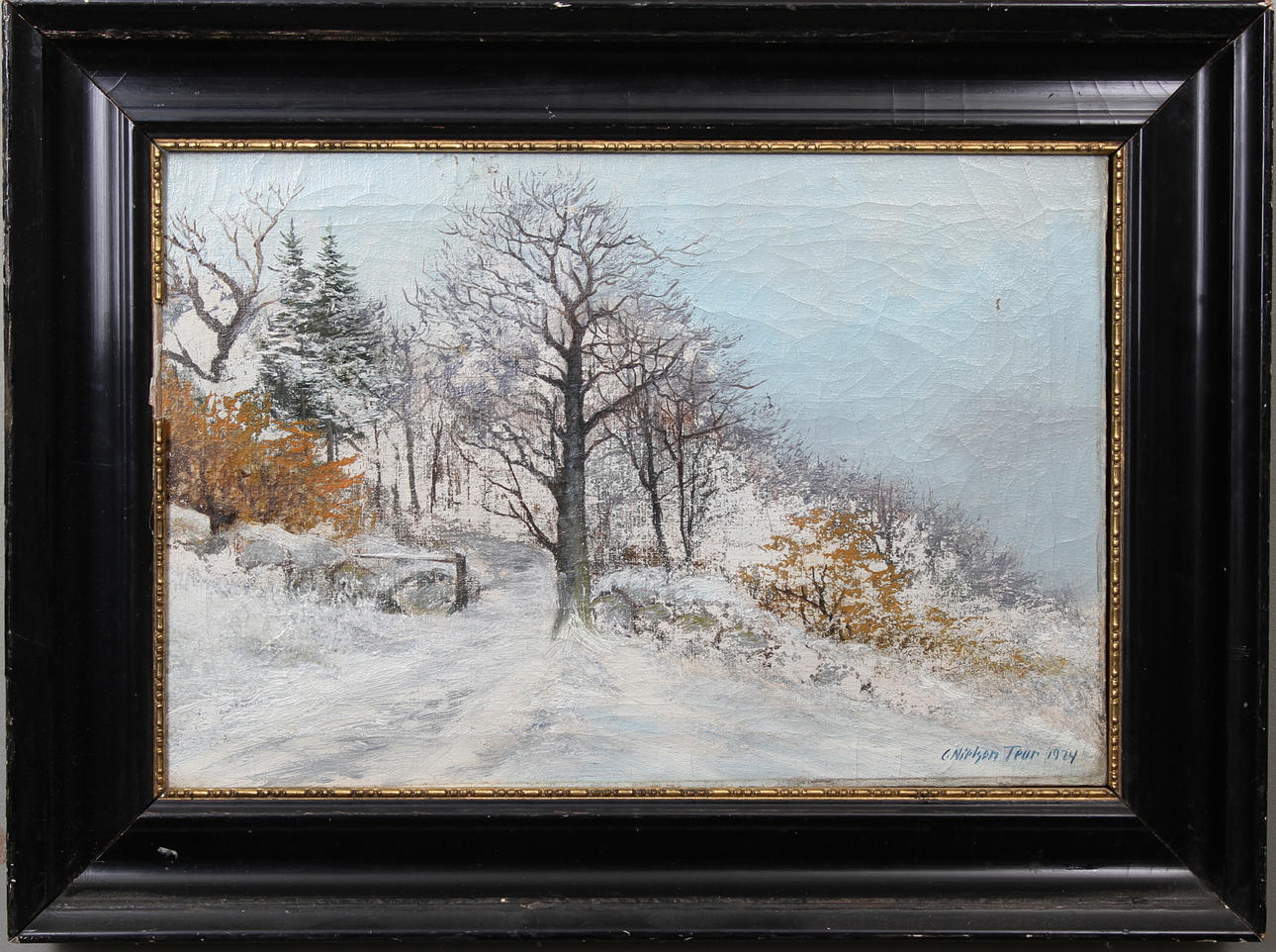 C. NIELSEN TEUR. Vinterlandskap med gärdesgård. Olja på duk. Signerad och daterad 1924.